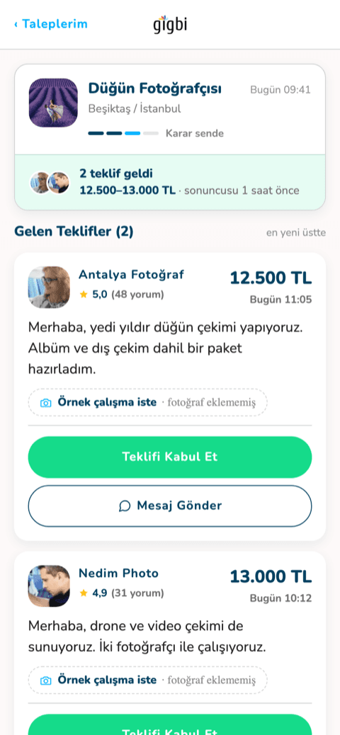 gigbi uygulamasında bir talebe gelen teklifler
